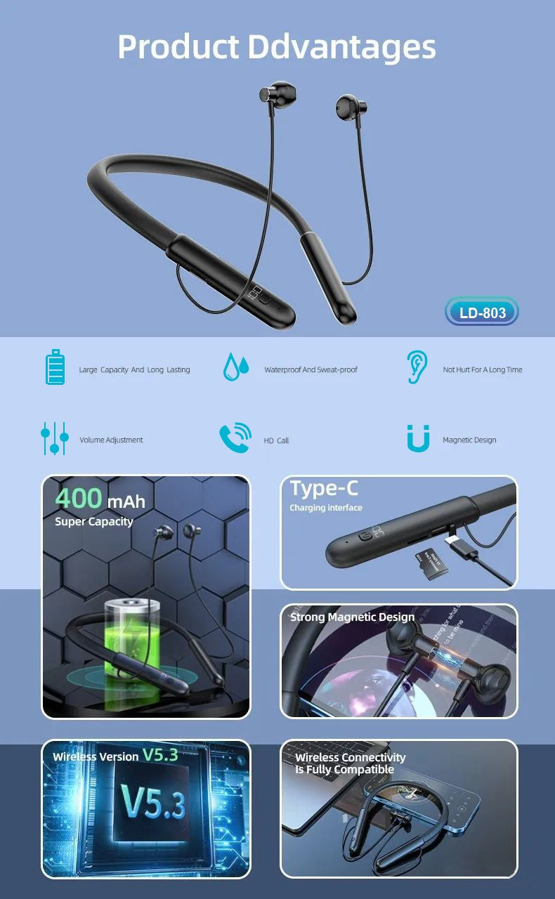 سماعات رأس رياضية لاسلكية مغناطيسية BT5.3 من LEEDOR LD-803