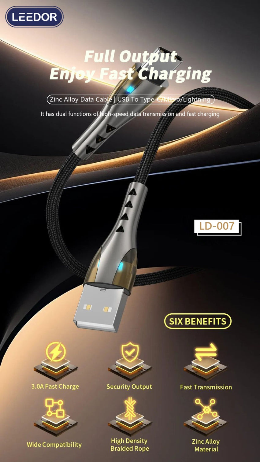 LEEDOR Zinc Alloy Series Fast Charging Data USB to Type C (LD-007T)