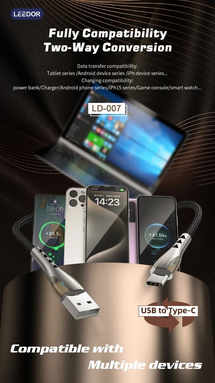 LEEDOR Zinc Alloy Series Fast Charging Data USB to Type C (LD-007T)