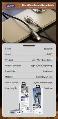 LEEDOR Zinc Alloy Series Fast Charging Data USB to Type C (LD-007T)