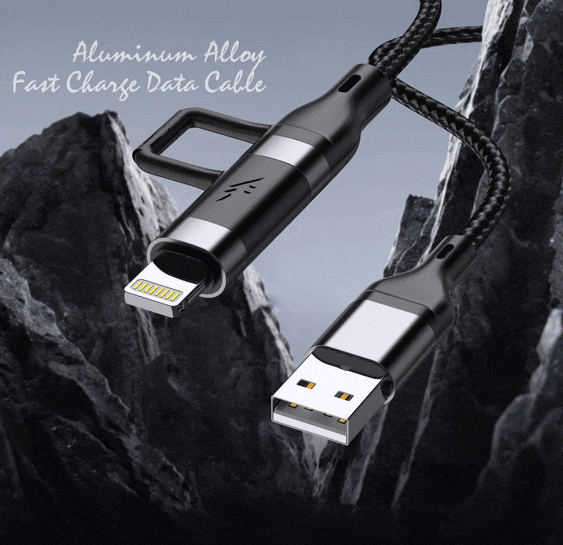 LEEDOR LD-008Q 4-in-1 Fast Charging data Cable - 100W / 1.2 Meter / USB-C / Lightning / USB-A - Black