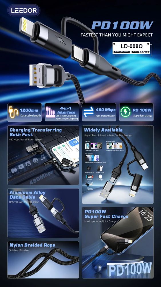LEEDOR LD-008Q 4-in-1 Fast Charging data Cable - 100W / 1.2 Meter / USB-C / Lightning / USB-A - Black