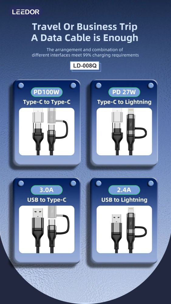 LEEDOR LD-008Q 4-in-1 Fast Charging data Cable - 100W / 1.2 Meter / USB-C / Lightning / USB-A - Black