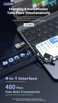 LEEDOR LD-008Q 4-in-1 Fast Charging data Cable - 100W / 1.2 Meter / USB-C / Lightning / USB-A - Black