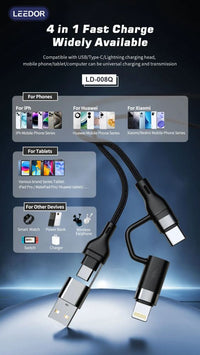 LEEDOR LD-008Q 4-in-1 Fast Charging data Cable - 100W / 1.2 Meter / USB-C / Lightning / USB-A - Black