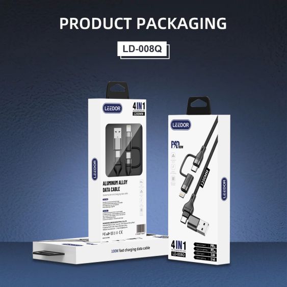 LEEDOR LD-008Q 4-in-1 Fast Charging data Cable - 100W / 1.2 Meter / USB-C / Lightning / USB-A - Black