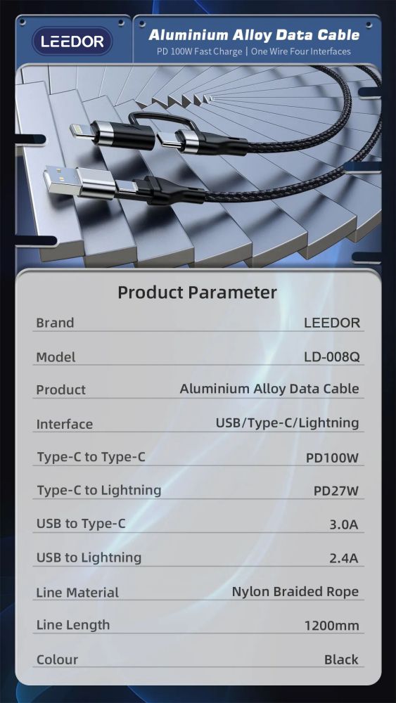 LEEDOR LD-008Q 4-in-1 Fast Charging data Cable - 100W / 1.2 Meter / USB-C / Lightning / USB-A - Black