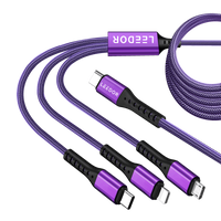 LEEDOR LD-009Q 3-in-1 Fast Charging data Cable - 60W / 3 Meter / Type-C / Lightning / Micro USB / Black / PURPLE