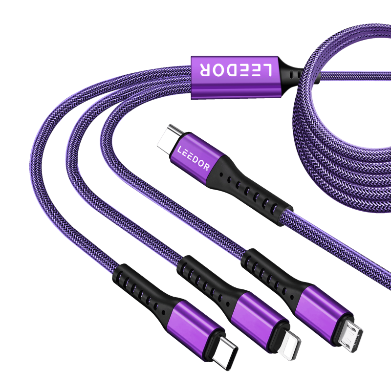 LEEDOR LD-009Q 3-in-1 Fast Charging data Cable - 60W / 3 Meter / Type-C / Lightning / Micro USB / Black / PURPLE