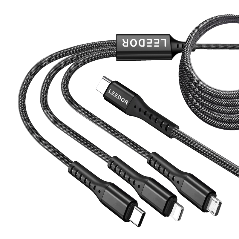 LEEDOR LD-009Q 3-in-1 Fast Charging data Cable - 60W / 3 Meter / Type-C / Lightning / Micro USB / Black / PURPLE