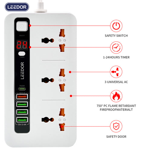 LEEDOR LD-401PD Extension Sockets - 3 Way / 2 Meters / 4x USB Ports / 1 x USB Type-C / White